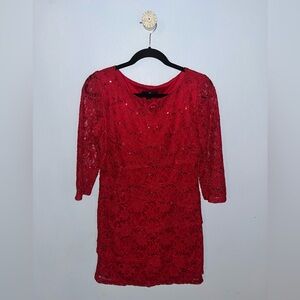 RONNI NICOLE WOMENS RED FLORAL SEQUINS QUARTERER SLEEVE DRESS. SIZE 6